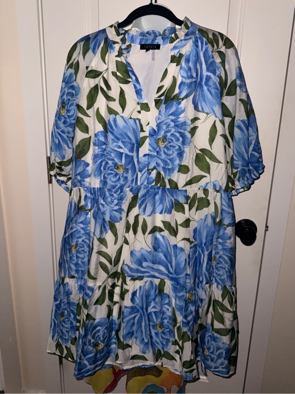 1.STATE Blue Floral Dress with Green Leaf Print, XL with slip/lining. NWT